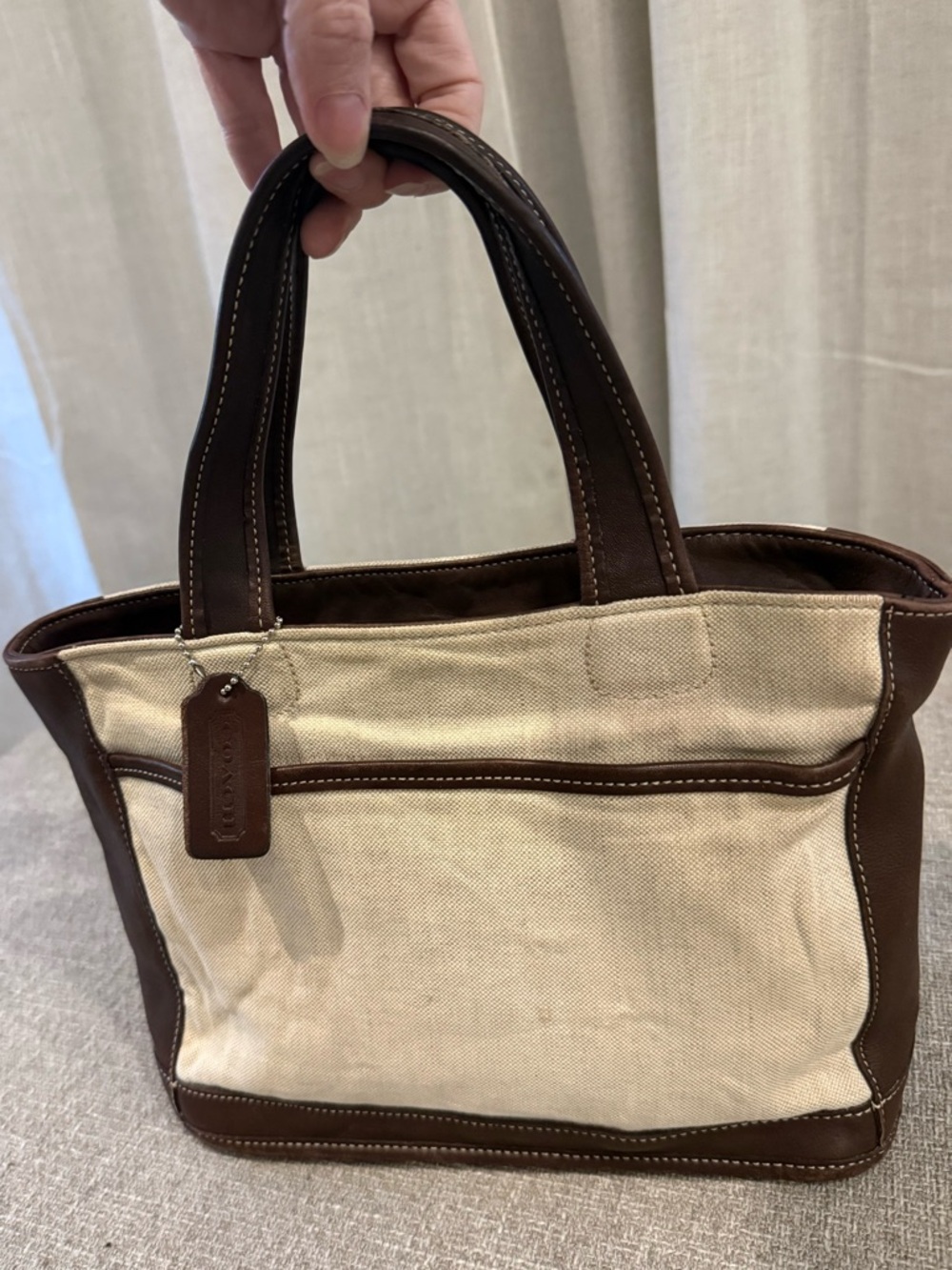 Vintage Coach Canvas Tote Bag Brown Leather Trim Small Carryall Classic